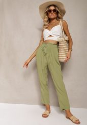 Zielone Spodnie z Bawełny Typu Paper Bag High Waist z Gumką w Talii Kitanea. Zielone spodnie materiałowe damskie Renee, bez wzorów, z bawełny, biznesowe, z podwyższonym stanem. Za 29.99 zł.