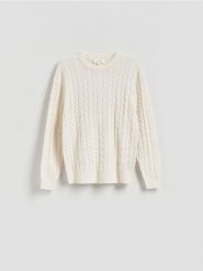 Wełniany sweter o warkoczowym splocie - złamana biel. Swetry męskie Reserved, l, bez wzorów, z dzianiny, bez kołnierzyka, bez ramiączek. Za 239.99 zł.