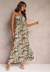 Zielono-Czarna Rozkloszowana Sukienka z Wiskozy w Fantazyjny Print Eirlina. Zielone sukienki damskie Renee, na lato, m, bez wzorów, z tkaniny, bez kołnierzyka, bez ramiączek, maxi, kopertowe. Za 54.99 zł.