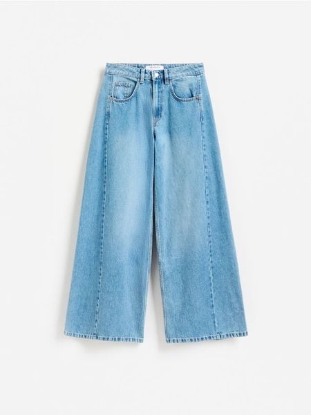 Jeansy wide leg soft - niebieski. Niebieskie jeansy damskie Reserved, bez wzorów, z bawełny. Za 139.99 zł.
