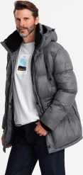 Kurtka męska Ombre Długa kurtka męska puffer z zapinanymi kieszeniami grafitowa V1 OM-JALJ-0186 L. Szare kurtki męskie Ombre, l, bez wzorów, bez kaptura. Za 399.99 zł.