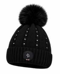 Zimowa czapka jeździecka czarna. Czarne czapki damskie EQUUS BRAND, na zimę, z aplikacjami, z materiału, eleganckie. Za 79.99 zł.