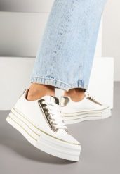 Biało-Złote Trampki na Platformie w Casualowym Stylu Ravilne. Białe trampki i tenisówki damskie Renee, bez wzorów, z jeansu, bez zapięcia. Za 79.99 zł.