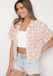 Różowa Bawełniana Koszula z Geometrycznym Motywem Melicene. Czerwone koszule damskie Born2be, l, bez wzorów, z bawełny, eleganckie, bez kołnierzyka, bez ramiączek. Za 129.99 zł.
