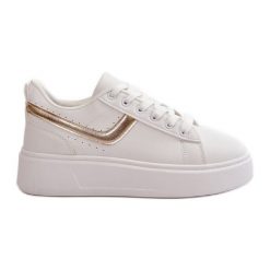 Trampki Sneakersy Damskie Na Platformie Z Eko Skóry Biało-Złote Brennessa białe. Białe trampki i tenisówki damskie bez wzorów, ze skóry, bez zapięcia. Za 115.92 zł.