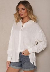Biała Koszula Oversize z Lnem i Wiskozą Katilira. Białe koszule damskie Renee, m, bez wzorów, z jeansu, biznesowe, bez kołnierzyka, bez ramiączek. Za 89.99 zł.