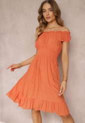 Pomarańczowa Sukienka Hiszpanka z Falbanką Anarine. Brązowe sukienki damskie Renee, l, bez wzorów, z tkaniny, bez kołnierzyka, bez ramiączek, midi. Za 49.99 zł.