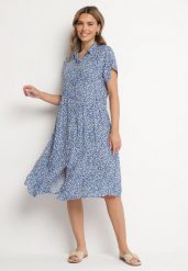 Granatowa Bawełniana Sukienka Koszulowa w Kwiaty z Rozkloszowanym Dołem Jerilsa. Niebieskie sukienki damskie Born2be, na co dzień, l, bez wzorów, z bawełny, eleganckie, bez kołnierzyka, bez ramiączek, midi, koszulowe. Za 39.99 zł.
