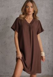 Brązowa Wiskozowa Sukienka Pudełkowa z Dekoltem w Serek Noludig. Brązowe sukienki damskie Renee, na imprezę, l, bez wzorów, z materiału, bez kołnierzyka, plus size, bez ramiączek, midi. Za 79.99 zł.