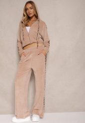 Ciemnobeżowy Dresowy Komplet Welurowy Bluza i Spodnie z Panterkowymi Wstawkami Elazoria. Brązowe bluzy damskie Renee, l, bez wzorów, z dresówki, bez ramiączek, bez kaptura. Za 69.99 zł.