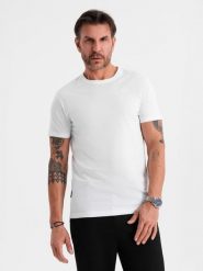 Męski klasyczny bawełniany T-shirt BASIC - biały V4 - Rozmiar: XL. Białe t-shirty męskie Ombre Clothing, m, bez wzorów, z bawełny, bez kołnierzyka, bez ramiączek. W wyprzedaży za 29.99 zł.