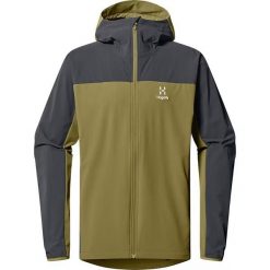 HAGLOFS Kurtka softshell męska MORAN SOFTSHELL HOOD MEN olive green/magnetite-L. Szare kurtki męskie Haglöfs, l, bez wzorów, z elastanu, z kapturem, trekkingowe. Za 426.19 zł.