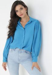 Niebieska Koszula z Plisowanymi Rękawami Leophone. Niebieskie koszule damskie Born2be, bez wzorów, eleganckie, bez kołnierzyka, bez ramiączek. Za 49.99 zł.