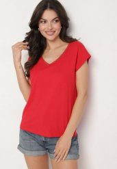 Czerwony Bawełniany T-shirt z Koronką przy Dekolcie Ralettia. Czerwone t-shirty damskie Born2be, l, bez wzorów, z bawełny, bez kołnierzyka, bez ramiączek. Za 49.99 zł.