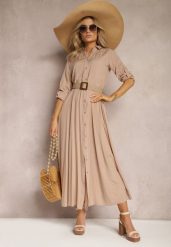 Jasnobeżowa Sukienka Hillcrest. Brązowe sukienki damskie Renee, l, bez wzorów, bez kołnierzyka, bez ramiączek, maxi, koszulowe. Za 109.99 zł.