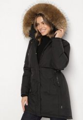 Czarna Casualowa Kurtka Parka z Kapturem z Futerkiem Nallorea. Czarne kurtki damskie Born2be, l, bez wzorów, z dzianiny, z kapturem. Za 299.99 zł.
