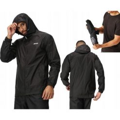 Kurtka przeciwdeszczowa dla mężczyzn Regatta RMW281 z kapturem. Czarne kurtki męskie Regatta, m, bez wzorów, z kapturem, trekkingowe. W wyprzedaży za 109.99 zł.