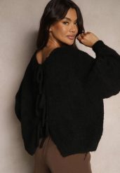 Czarny Kardigan z Wełną o Kroju Oversize z Wiązanymi Kokardami Elearina. Czarne kardigany damskie Renee, bez wzorów, z jeansu, eleganckie, bez kołnierzyka. Za 139.99 zł.