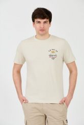 AERONAUTICA MILITARE Beżowy t-shirt Short Sleeve. Brązowe t-shirty męskie Aeronautica Militare, m, bez wzorów, bez kołnierzyka, bez ramiączek. W wyprzedaży za 189.99 zł.