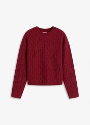 Sweter ze wzorem warkoczowym. Fioletowe swetry nierozpinane damskie bonprix, bez wzorów, bez kołnierzyka, bez ramiączek. Za 149.99 zł.