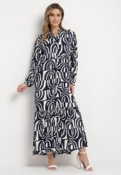 Granatowo-Biała Sukienka Długa Rozkloszowana w Geometryczny Print o Koszulowym Kroju Verdana. Niebieskie sukienki damskie Born2be, m, bez wzorów, z materiału, bez kołnierzyka, bez ramiączek, maxi, koszulowe. Za 119.99 zł.