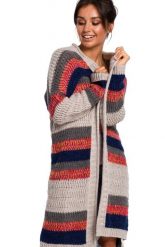 Długi gruby i ciepły sweter w kolorowe pasy beżowy. Brązowe kardigany damskie Polskie swetry, l, bez wzorów, z jeansu, eleganckie, bez kołnierzyka. Za 309.00 zł.