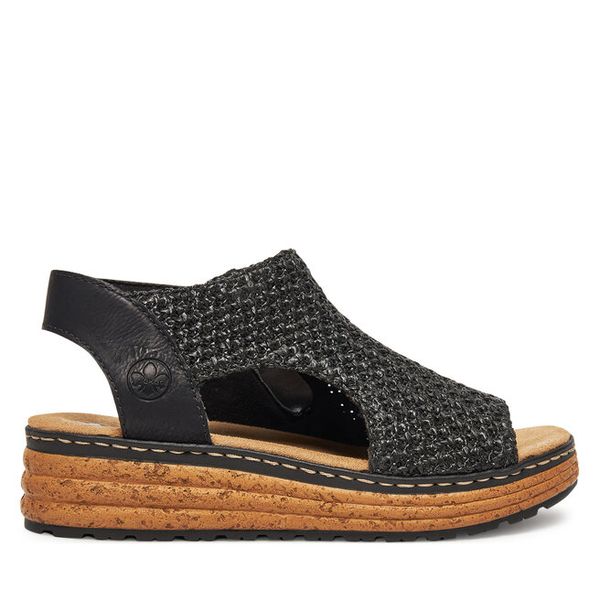 Sandały Rieker. Czarne sandały damskie Rieker, bez wzorów, bez obcasa, na płaskiej podeszwie, bez zapięcia. Za 329.99 zł.
