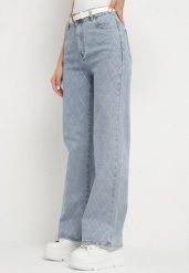 Niebieskie Jeansy z Bawełną Szerokie z Cyrkoniami Iskio. Niebieskie jeansy damskie Born2be, z aplikacjami, z bawełny, eleganckie. Za 129.99 zł.