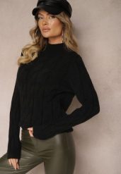 Czarny Sweter w Warkoczykowy Splot Mikke. Czarne swetry nierozpinane damskie Renee, bez wzorów, z dzianiny, casualowe, bez kołnierzyka, bez ramiączek. Za 69.99 zł.