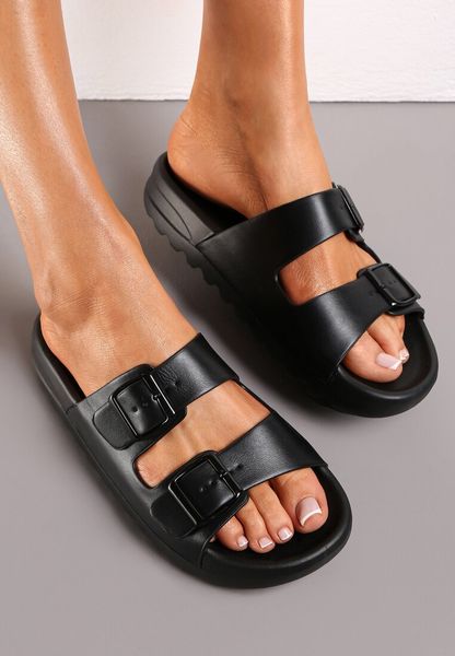 Czarne Klapki na Grubej Podeszwie z Paskami Eemane. Czarne klapki damskie Renee, bez wzorów, bez obcasa, na płaskiej podeszwie, bez zapięcia. Za 29.99 zł.