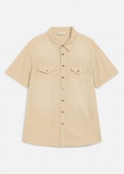 Koszula jeansowa z krótkim rękawem z kolorowego denimu, slim fit. Brązowe koszule męskie bonprix, m, bez wzorów, z denimu, eleganckie, bez kołnierzyka, bez ramiączek. Za 59.99 zł.
