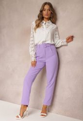 Fioletowe Spodnie Garniturowe High Waist z Paskiem Wenus. Fioletowe spodnie materiałowe damskie Renee, bez wzorów, z jeansu, biznesowe, z podwyższonym stanem. Za 89.99 zł.