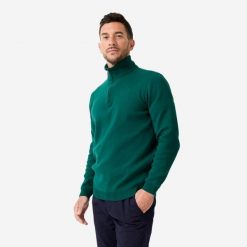 Sweter do golfa męski MW500 z półgolfem. Zielone swetry męskie INESIS, l, bez wzorów, z bawełny, eleganckie, bez kołnierzyka, bez ramiączek. Za 159.99 zł.