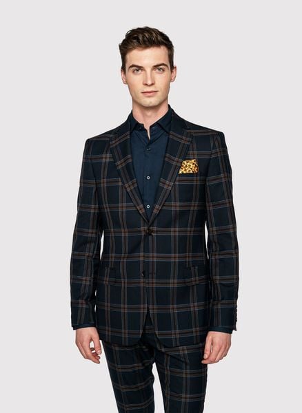 PAKO LORENTE – Granatowa marynarka garniturowa w kratę. Garnitury męskie Pako Lorente, bez wzorów, z wełny, boho. Za 299.99 zł.