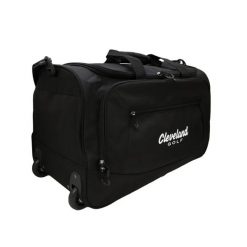 Torba duffle na kółkach Cleveland Golf. Czarne swetry męskie CLEVELAND GOLF, bez wzorów, z materiału, eleganckie, bez kołnierzyka, bez ramiączek. Za 537.50 zł.