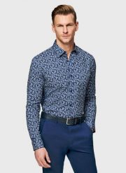 PAKO LORENTE - Granatowa koszula męska w kwiaty. Koszule męskie Pako Lorente, m, bez wzorów, z bawełny, casualowe, bez kołnierzyka, bez ramiączek. Za 299.99 zł.