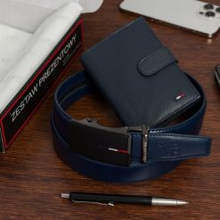 Zestaw prezentowy męski skórzany pasek portfel pudełko premium Beltimore Z51. Niebieskie portfele męskie bez wzorów. Za 100.99 zł.