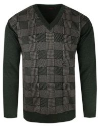 Ciemnooliwkowy Sweter w Szachownice (U-neck) - Kings. Zielone swetry męskie Kings, m, bez wzorów, z bawełny, klasyczne, bez kołnierzyka, bez ramiączek. Za 187.00 zł.