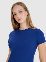 4F T-shirt slim gładki damski - granatowy XL. Niebieskie t-shirty damskie 4F, xl, bez wzorów, z bawełny, klasyczne, bez kołnierzyka, bez ramiączek. Za 39.99 zł.