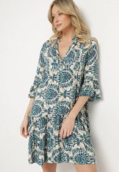 Granatowo-Beżowa Rozkloszowana Sukienka z Bawełny z Falbanami w Ornamentalny Wzór Lanoreth. Niebieskie sukienki damskie Born2be, na co dzień, l, bez wzorów, z bawełny, klasyczne, bez kołnierzyka, bez ramiączek, mini, proste. Za 49.99 zł.