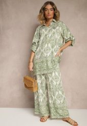 Zielony Komplet z Wiskozą o Kroju Oversize Koszula i Spodnie Nilarithia. Zielone koszule damskie Renee, m, bez wzorów, z materiału, eleganckie, bez kołnierzyka, bez ramiączek. Za 89.99 zł.