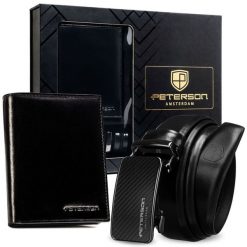 Zestaw prezentowy: portfel męski w czarnym kolorze i pasek ze skóry naturalnej - Peterson. Czarne portfele męskie bez wzorów, ze skóry. Za 119.99 zł.
