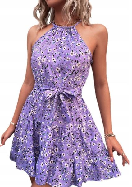 Piękna damska sukienka mini modna w kwiaty fioletowa wiązana M. Fioletowe sukienki damskie Pan i Pani Gadżet, m, bez wzorów, sportowe, bez kołnierzyka, bez ramiączek, mini, sportowe. Za 90.63 zł.