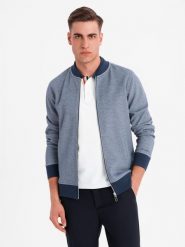 Bluza męska bomberka z dzianiny pique – granatowa V2 OM-SSZP-0238 - XXL. Niebieskie bluzy męskie Ombre Clothing, l, bez wzorów, z bawełny, eleganckie, bez kaptura. Za 131.99 zł.