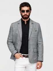 Marynarka męska o kroju REGULAR z lnem - grafitowa V5 - Rozmiar: S. Czarne garnitury męskie Ombre Clothing, m, bez wzorów, z jeansu, biznesowe. Za 419.99 zł.