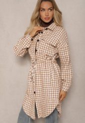 Brązowa Koszulowa Sukienka Szmizjerka w Kratkę Vichy z Kieszeniami i Paskiem Daislen. Brązowe sukienki damskie Renee, na co dzień, l, bez wzorów, eleganckie, bez kołnierzyka, bez ramiączek, kopertowe. Za 129.99 zł.