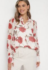 Beżowo-Czerwona Koszula w Kwiaty z Transparentnymi Rękawami Heslinea. Brązowe koszule damskie Born2be, l, bez wzorów, z jeansu, eleganckie, bez kołnierzyka, bez ramiączek. Za 119.99 zł.