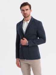 Męska marynarka SLIM z dzianiny o subtelnej strukturze – granatowa V3 - Rozmiar: XL. Niebieskie marynarki męskie Ombre Clothing, l, bez wzorów, z dzianiny, biznesowe, bez kołnierzyka, bez ramiączek. W wyprzedaży za 314.99 zł.