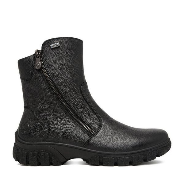 Botki Rieker. Czarne botki damskie Rieker, bez wzorów, bez obcasa, na płaskiej podeszwie, bez zapięcia. Za 449.99 zł.
