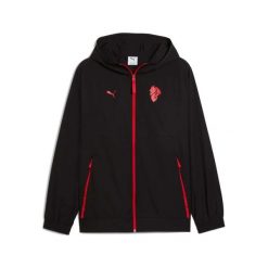 Kurtka dresowa AC Milan Woven 2025/26. Czarne kurtki sportowe męskie Puma, bez wzorów, z dresówki, bez kaptura, do piłki nożnej. Za 309.00 zł.